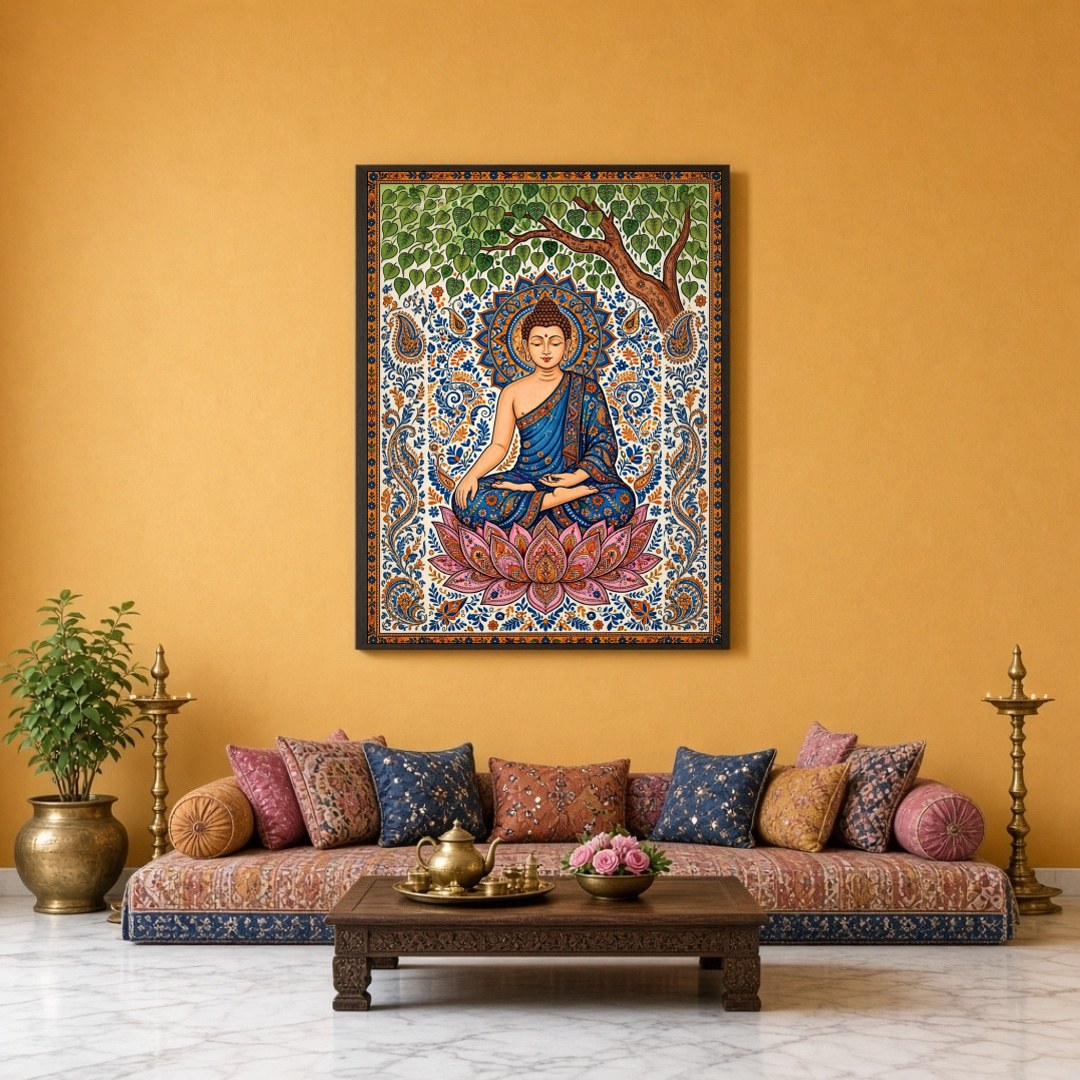 Immerse yourself in the tranquility and grace of Lord Buddha as he meditates under a lush tree, for Sitting Lounge