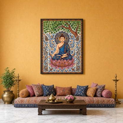 Immerse yourself in the tranquility and grace of Lord Buddha as he meditates under a lush tree, for Sitting Lounge