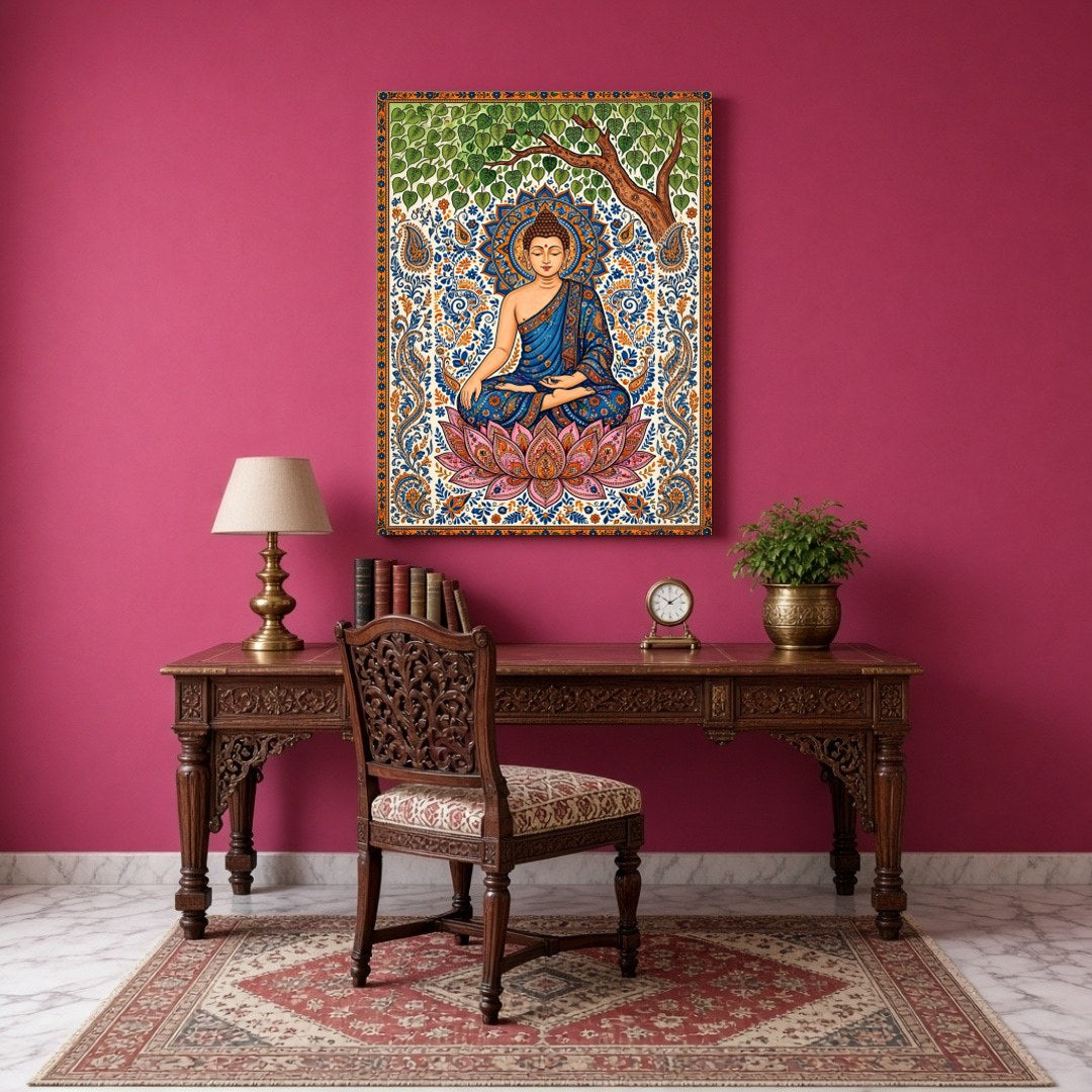 Immerse yourself in the tranquility and grace of Lord Buddha as he meditates under a lush tree, for Study