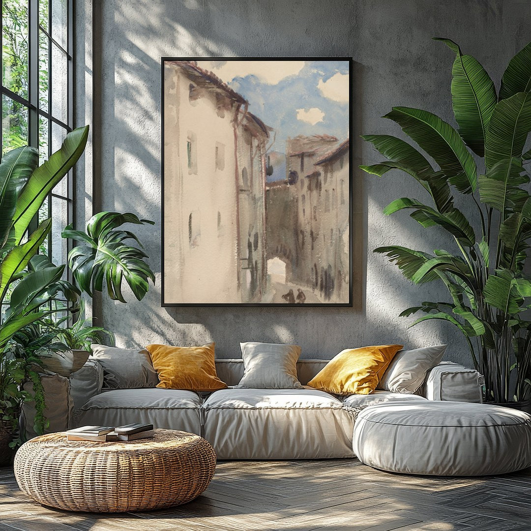 Capture the tranquility of a sunlit European street with this exquisite watercolor painting. Soft for Balcony