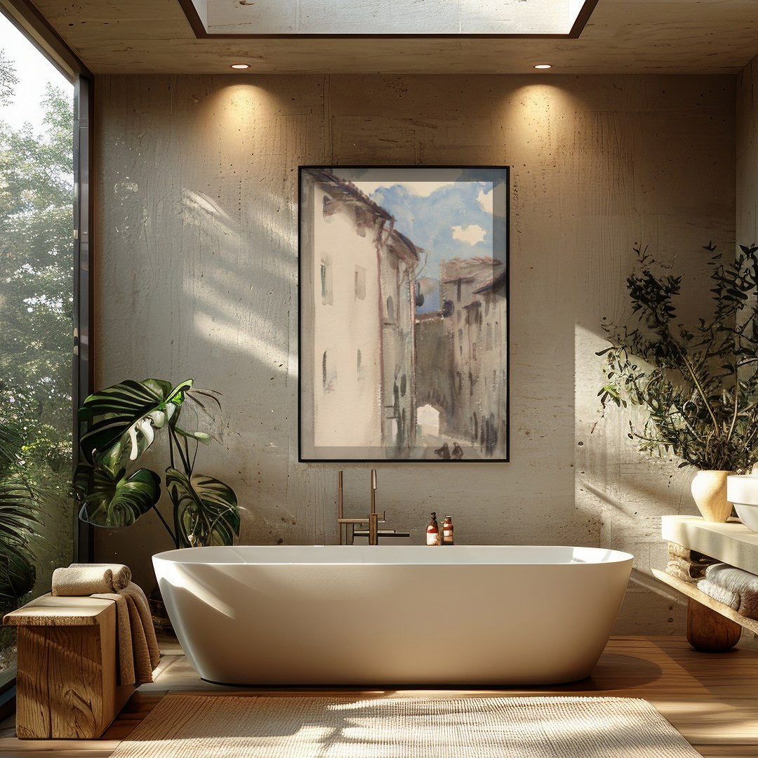 Capture the tranquility of a sunlit European street with this exquisite watercolor painting. Soft for Bathroom