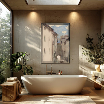 Capture the tranquility of a sunlit European street with this exquisite watercolor painting. Soft for Bathroom
