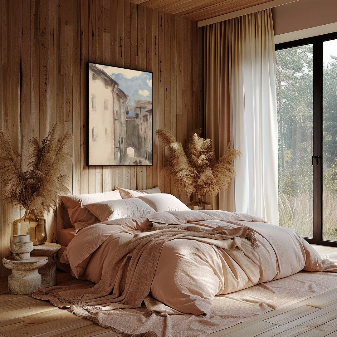 Capture the tranquility of a sunlit European street with this exquisite watercolor painting. Soft for Bedroom