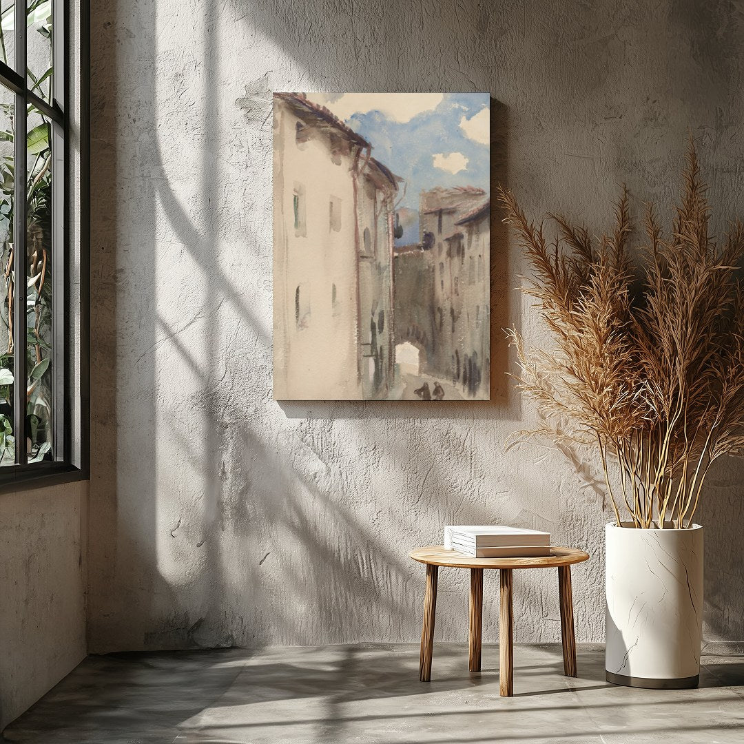 Capture the tranquility of a sunlit European street with this exquisite watercolor painting. Soft for Entrance