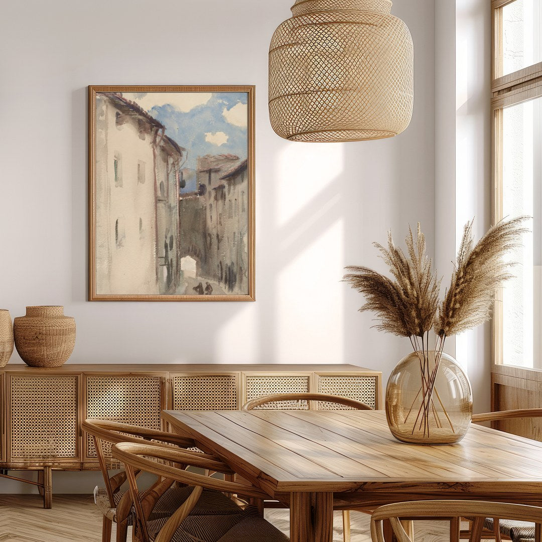 Capture the tranquility of a sunlit European street with this exquisite watercolor painting. Soft for Extra Kitchen