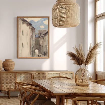 Capture the tranquility of a sunlit European street with this exquisite watercolor painting. Soft for Extra Kitchen