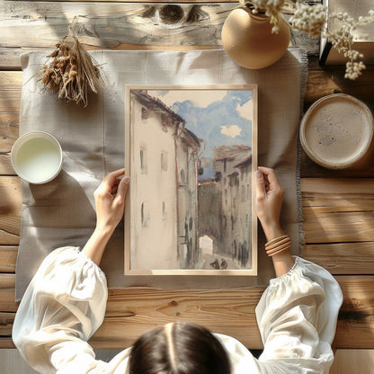 Capture the tranquility of a sunlit European street with this exquisite watercolor painting. Soft for Kitchen