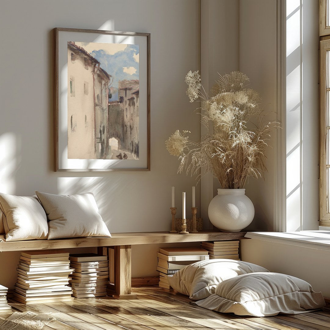 Capture the tranquility of a sunlit European street with this exquisite watercolor painting. Soft for living-space