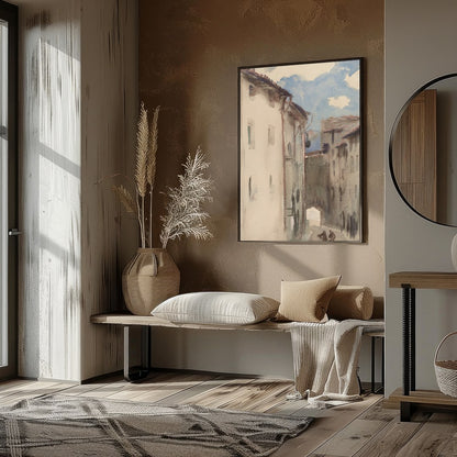 Capture the tranquility of a sunlit European street with this exquisite watercolor painting. Soft for office