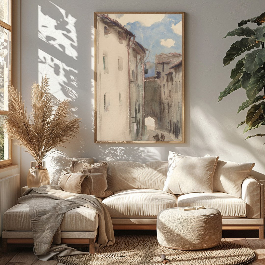 Capture the tranquility of a sunlit European street with this exquisite watercolor painting. Soft for Sitting Area