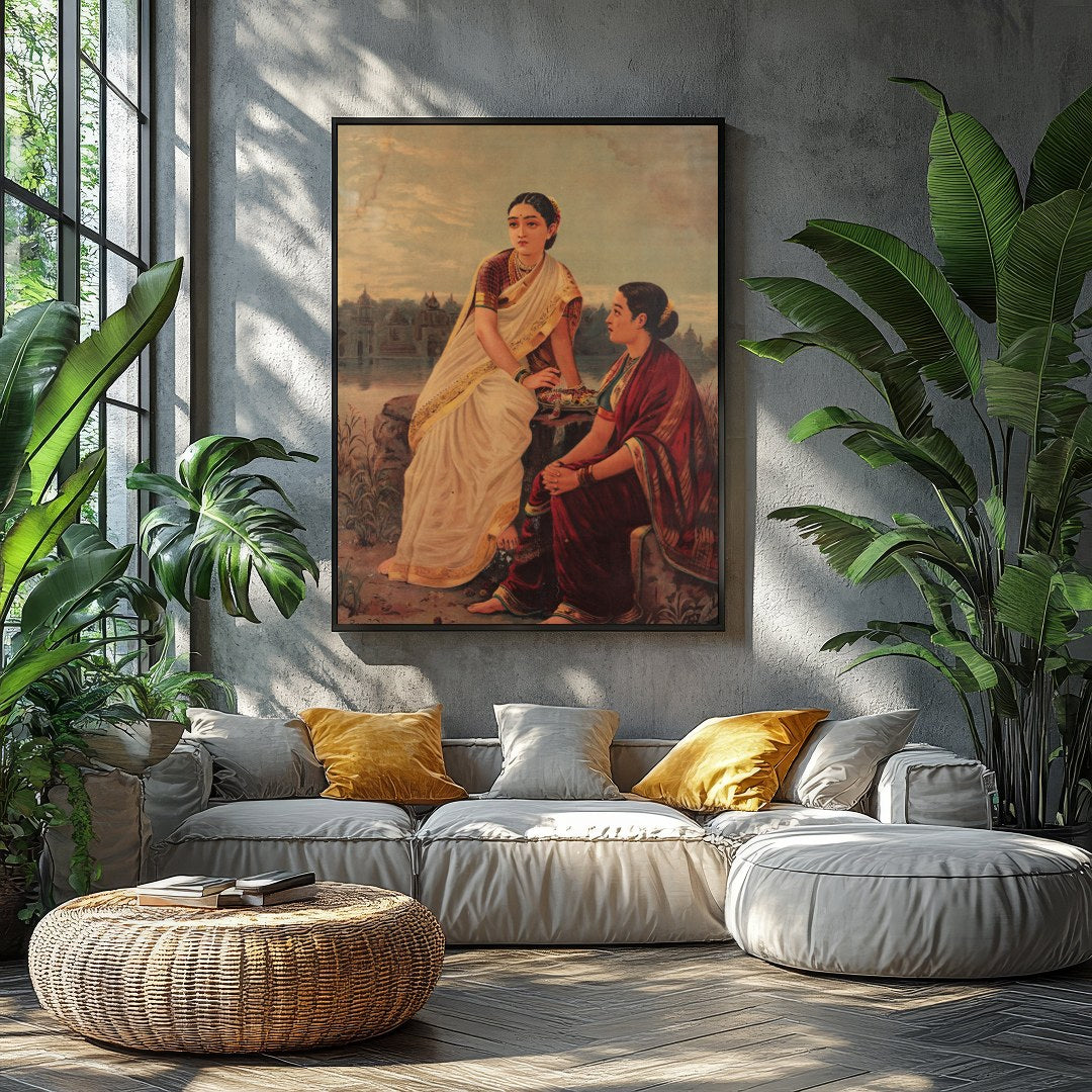 This captivating artwork depicts two women in traditional attire, sitting by the riverbank during for Balcony
