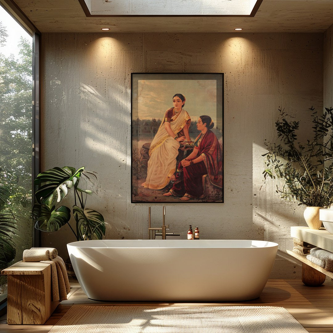 This captivating artwork depicts two women in traditional attire, sitting by the riverbank during for Bathroom