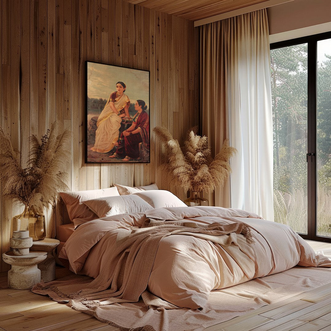 This captivating artwork depicts two women in traditional attire, sitting by the riverbank during for Bedroom