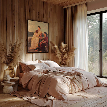 This captivating artwork depicts two women in traditional attire, sitting by the riverbank during for Bedroom