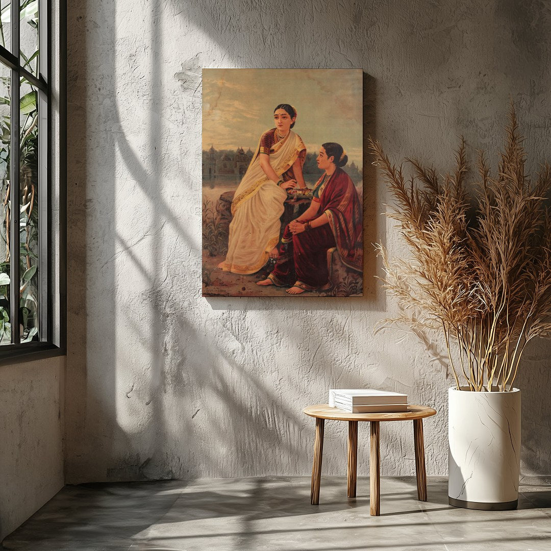 This captivating artwork depicts two women in traditional attire, sitting by the riverbank during for Entrance