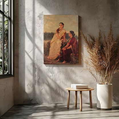This captivating artwork depicts two women in traditional attire, sitting by the riverbank during for Entrance