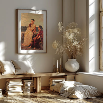 This captivating artwork depicts two women in traditional attire, sitting by the riverbank during for home