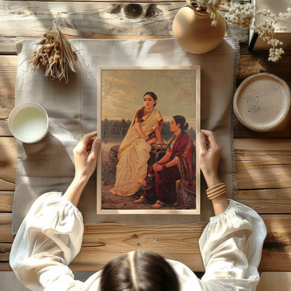 This captivating artwork depicts two women in traditional attire, sitting by the riverbank during for Kitchen