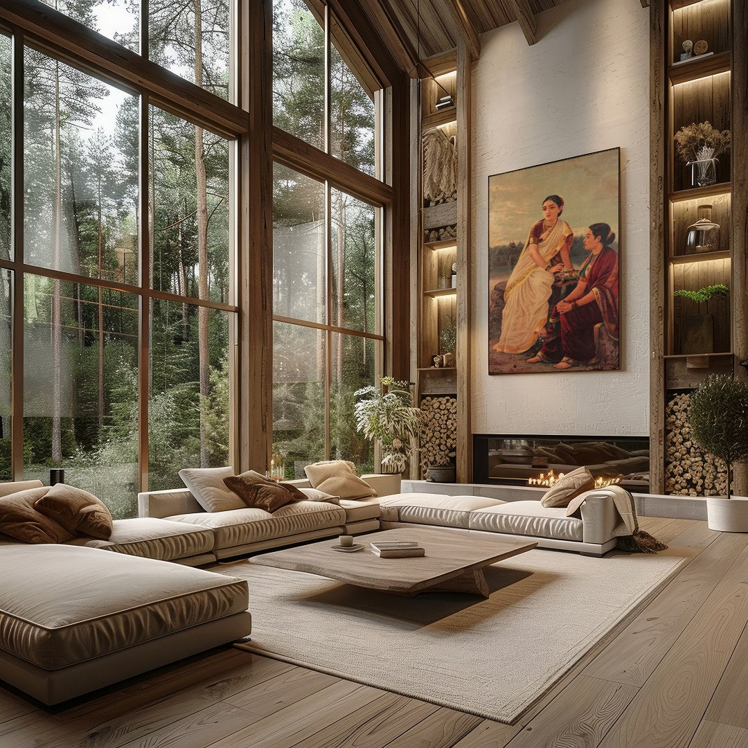 This captivating artwork depicts two women in traditional attire, sitting by the riverbank during for Living Room