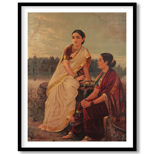 This captivating artwork depicts two women in traditional attire, sitting by the riverbank during for residence