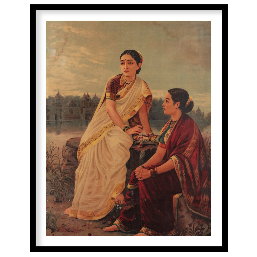 This captivating artwork depicts two women in traditional attire, sitting by the riverbank during for residence