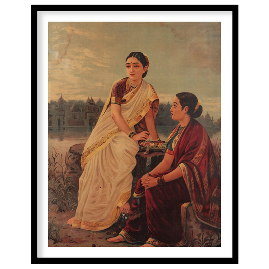 This captivating artwork depicts two women in traditional attire, sitting by the riverbank during for residence