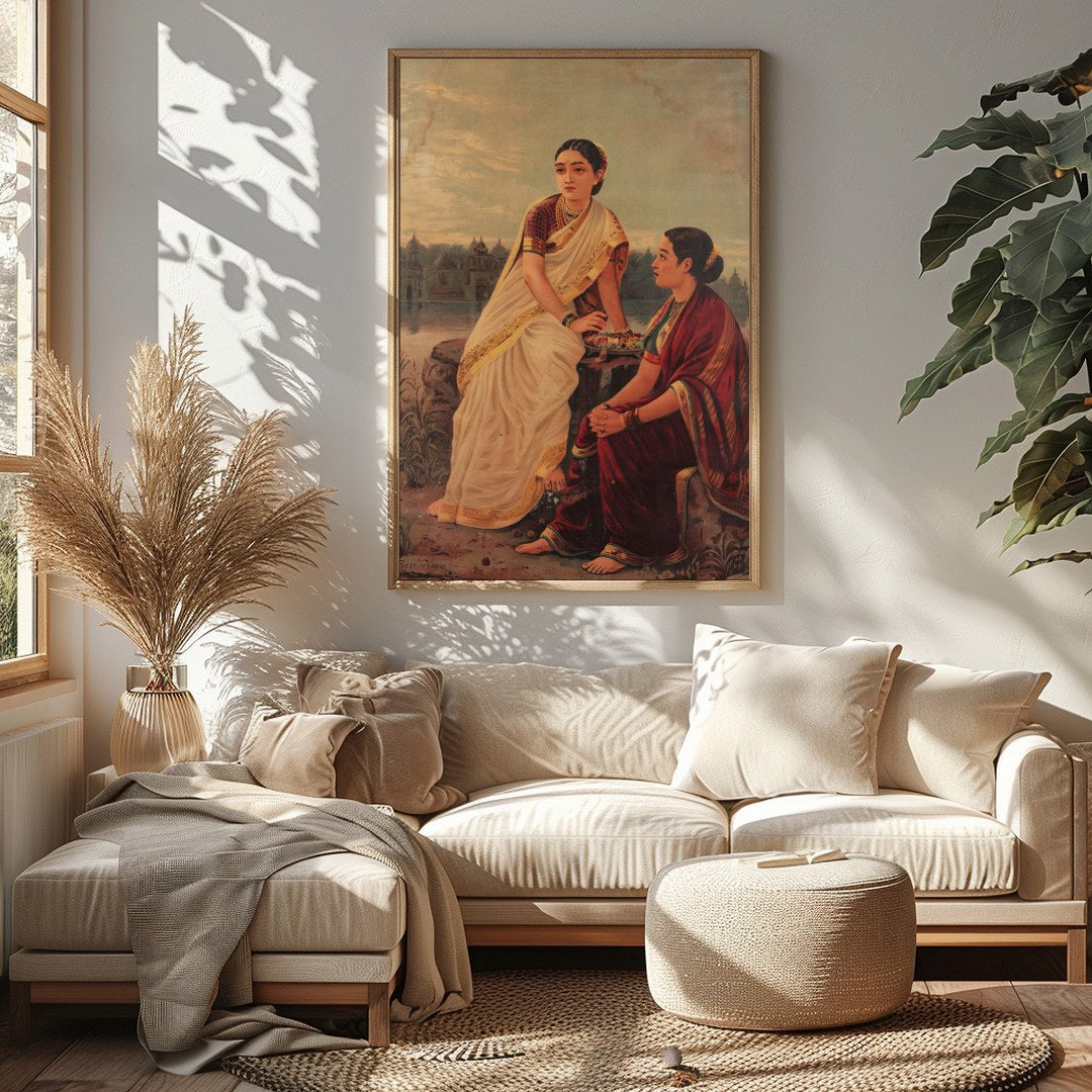 This captivating artwork depicts two women in traditional attire, sitting by the riverbank during for Sitting Area