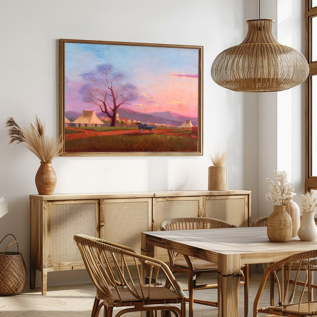 Immerse yourself in the tranquility of a sunset over a pastoral camp setting. This artwork captures for Dining