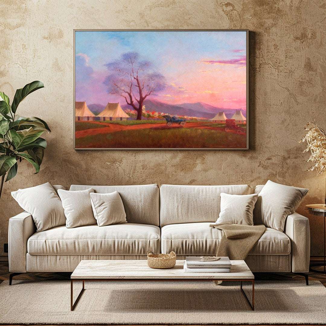 Immerse yourself in the tranquility of a sunset over a pastoral camp setting. This artwork captures for Family Room