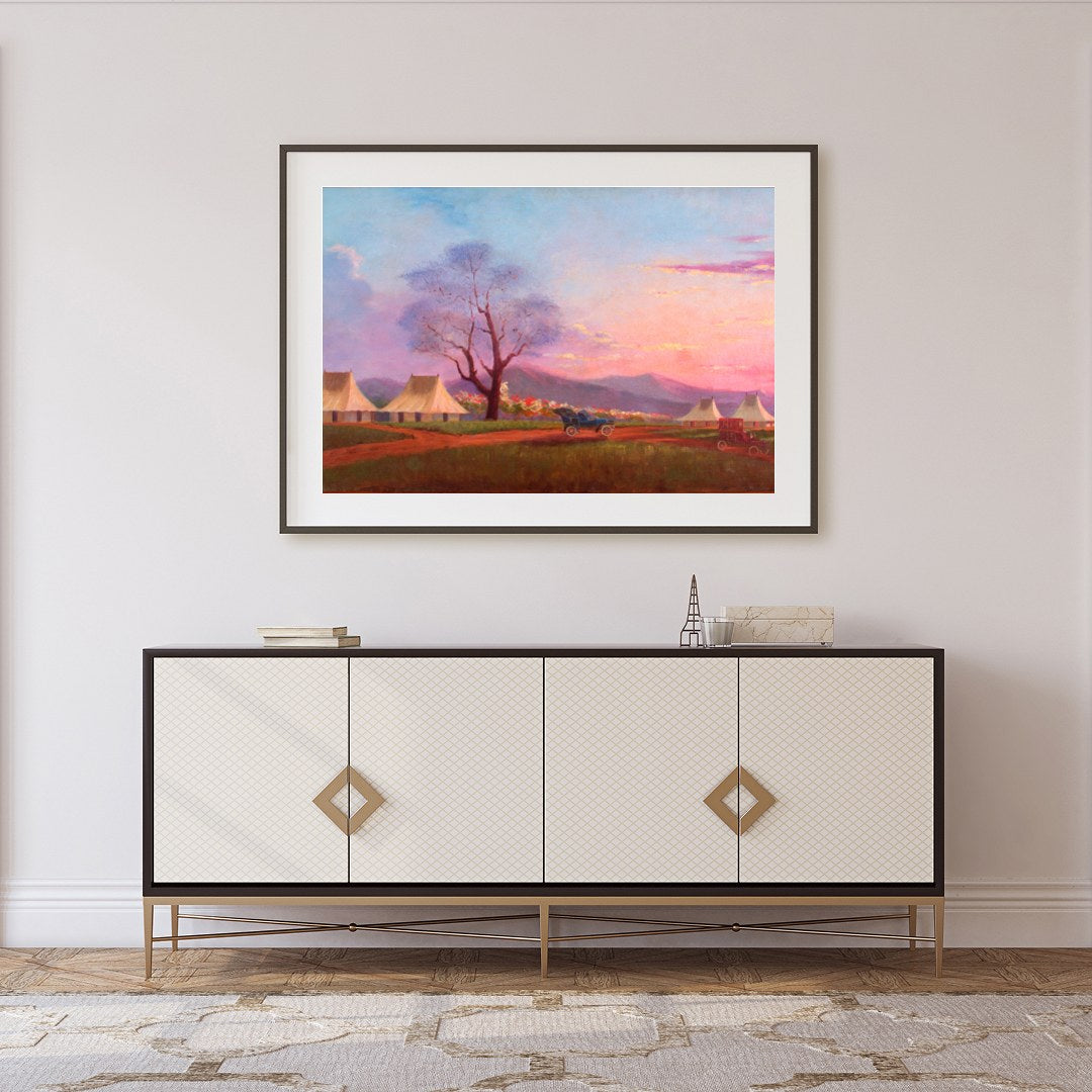 Immerse yourself in the tranquility of a sunset over a pastoral camp setting. This artwork captures for Foyer
