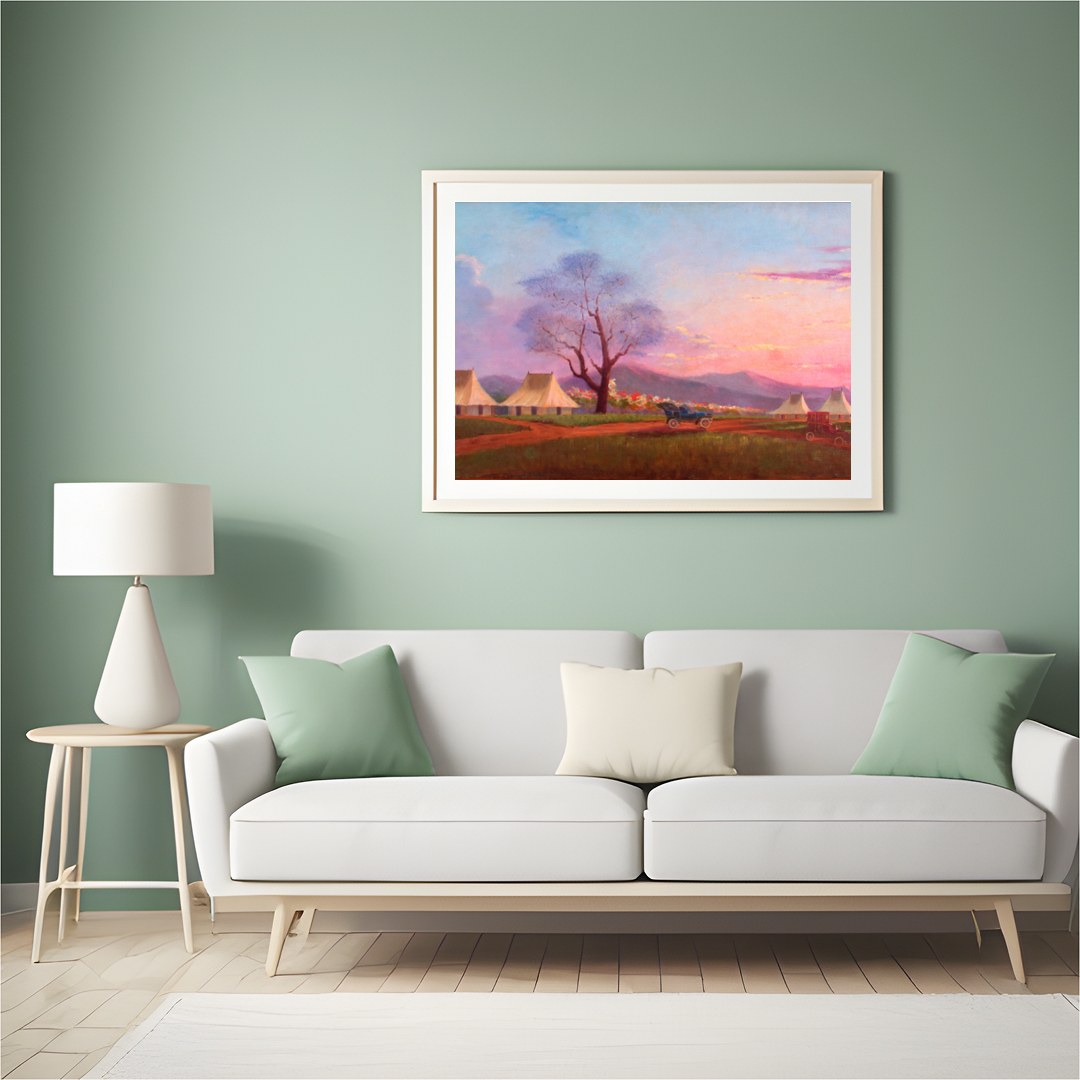 Immerse yourself in the tranquility of a sunset over a pastoral camp setting. This artwork captures for Hall