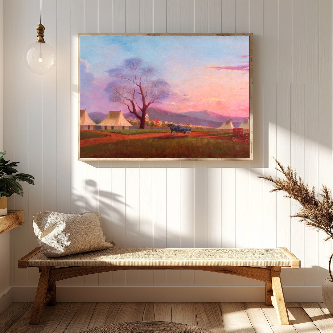 Immerse yourself in the tranquility of a sunset over a pastoral camp setting. This artwork captures for Hallway