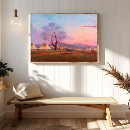 Immerse yourself in the tranquility of a sunset over a pastoral camp setting. This artwork captures for Hallway
