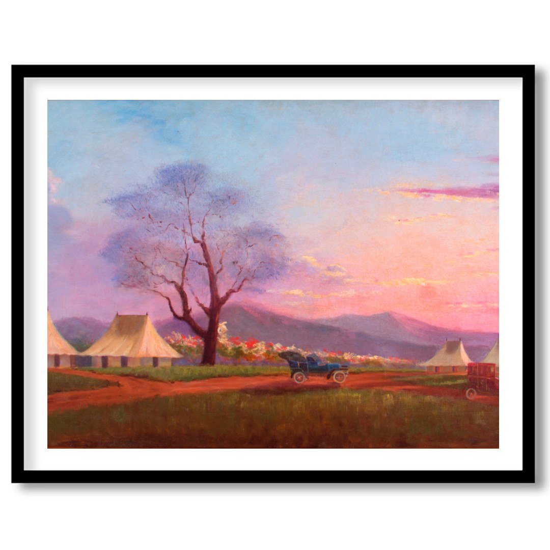 Immerse yourself in the tranquility of a sunset over a pastoral camp setting. This artwork captures for kitchen