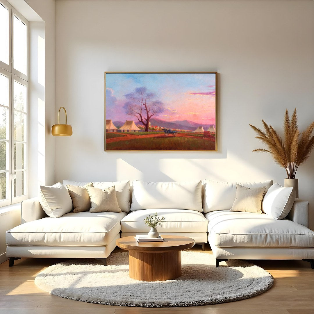 Immerse yourself in the tranquility of a sunset over a pastoral camp setting. This artwork captures for Living Room