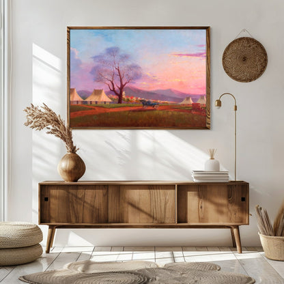 Immerse yourself in the tranquility of a sunset over a pastoral camp setting. This artwork captures for Sitting Area
