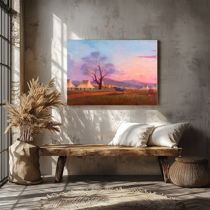Immerse yourself in the tranquility of a sunset over a pastoral camp setting. This artwork captures for Veranda