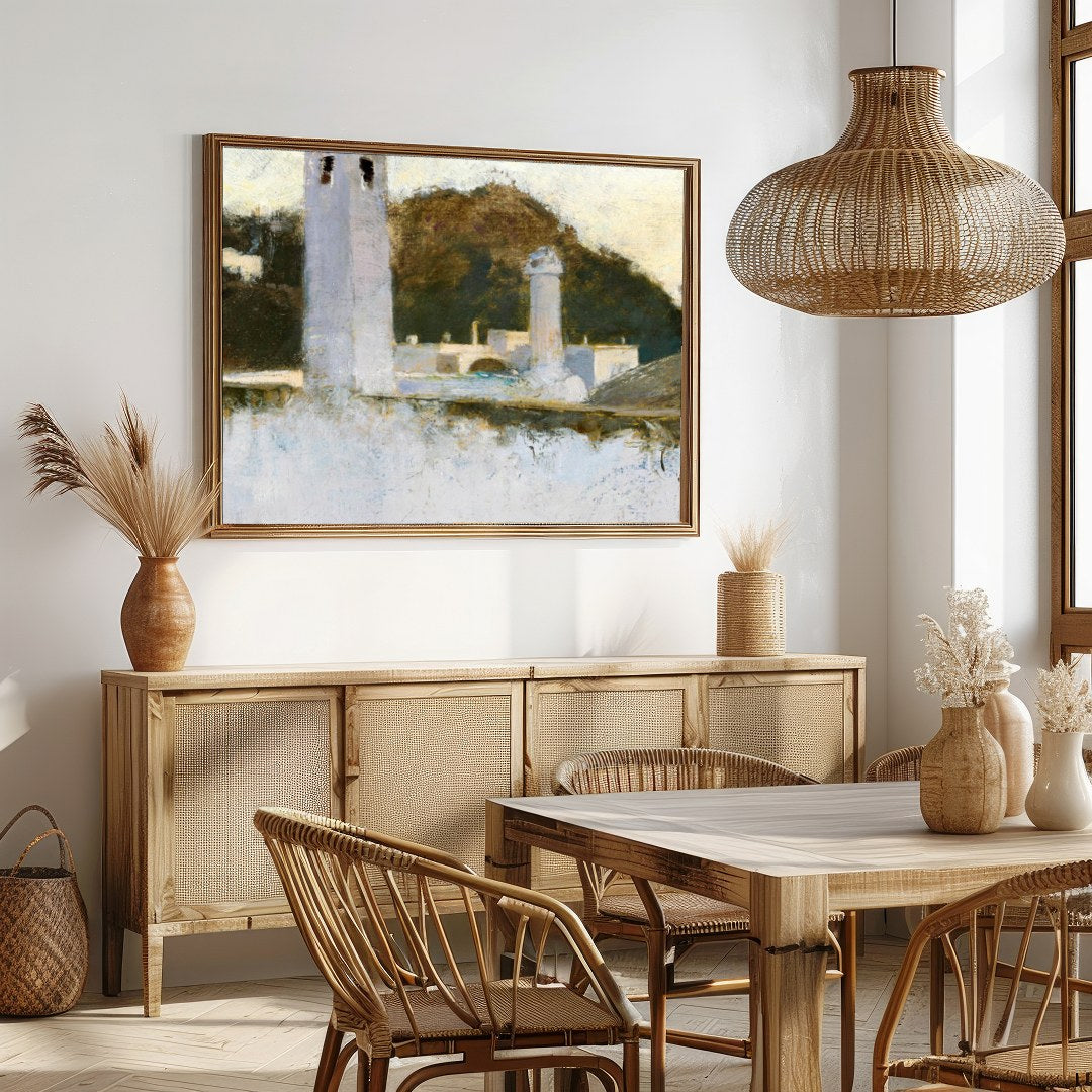 Capture the tranquility of a bygone era with this evocative artwork, depicting a contemplative for Dining