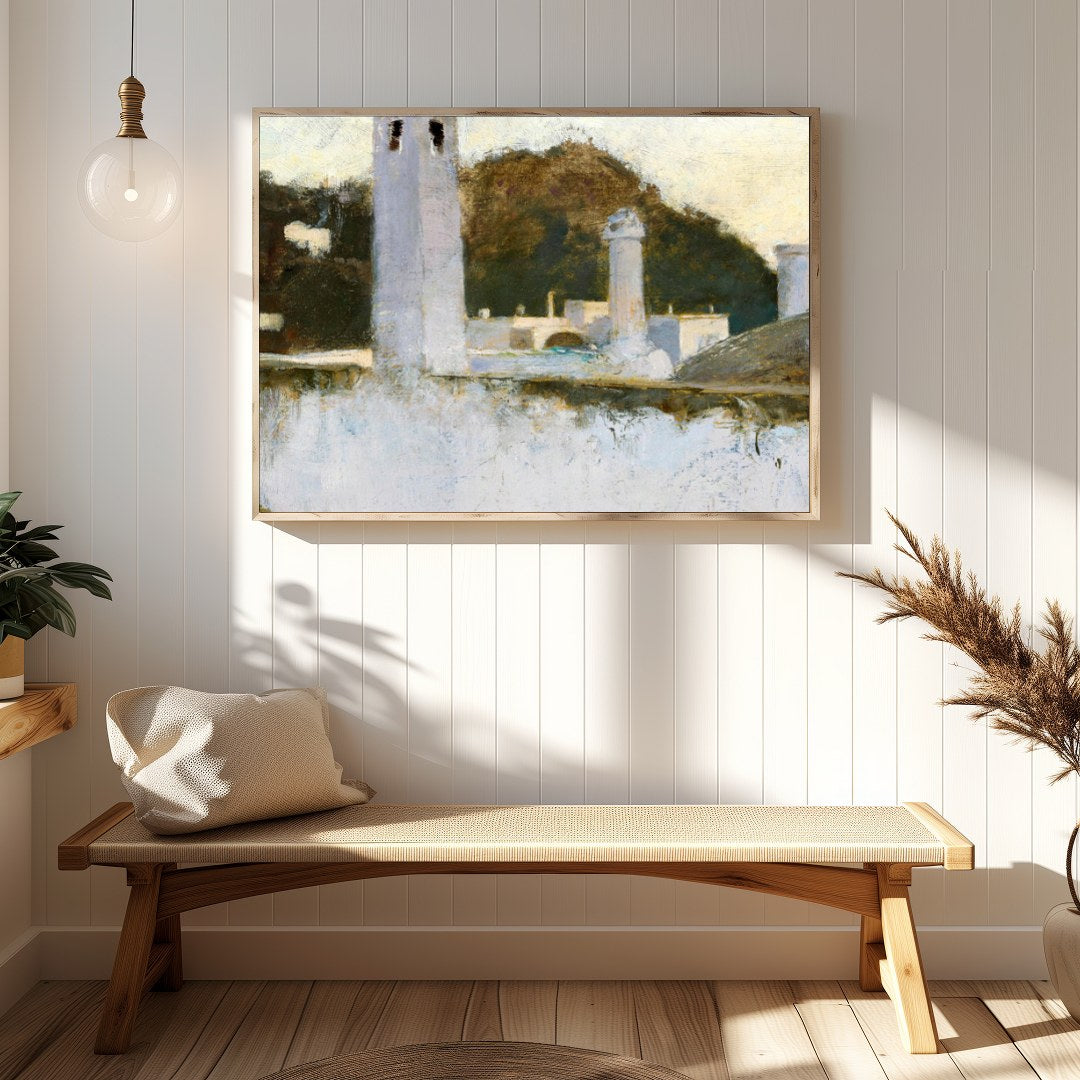 Capture the tranquility of a bygone era with this evocative artwork, depicting a contemplative for Hallway