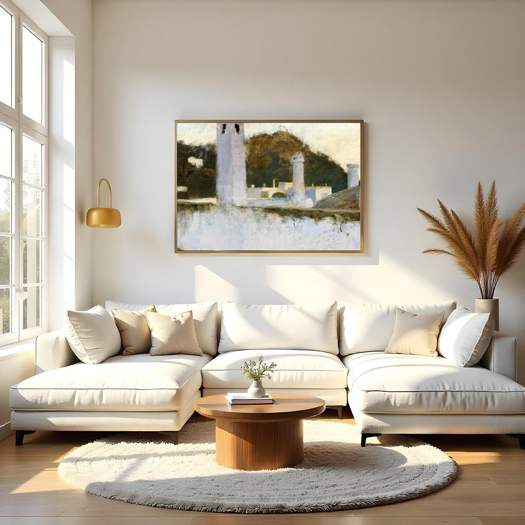 Capture the tranquility of a bygone era with this evocative artwork, depicting a contemplative for Living Room