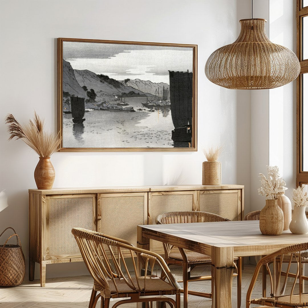 This captivating artwork captures the tranquil beauty of a calm seascape under a muted sky, for Dining