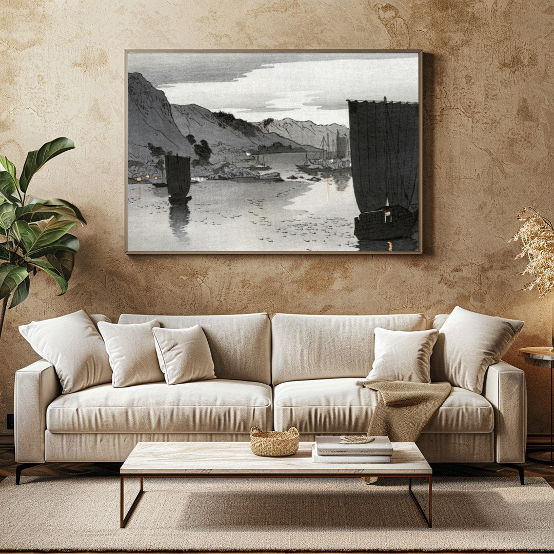 This captivating artwork captures the tranquil beauty of a calm seascape under a muted sky, for Family Room