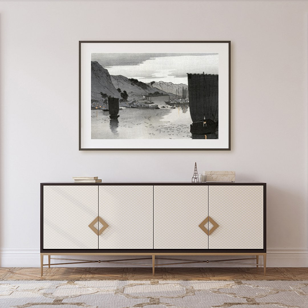 This captivating artwork captures the tranquil beauty of a calm seascape under a muted sky, for Foyer