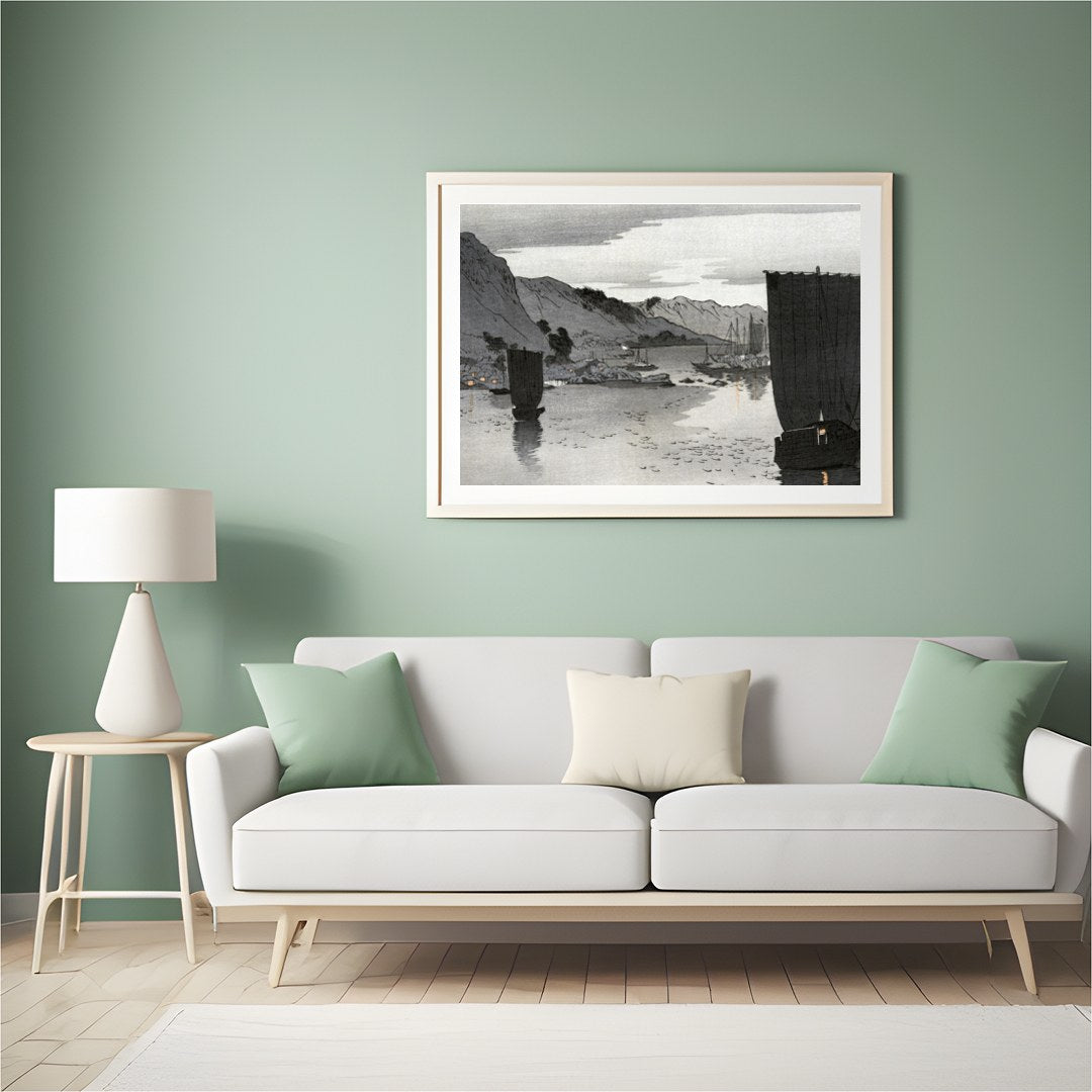This captivating artwork captures the tranquil beauty of a calm seascape under a muted sky, for Hall