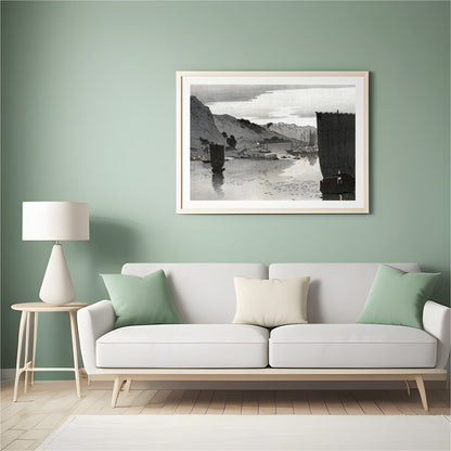 This captivating artwork captures the tranquil beauty of a calm seascape under a muted sky, for Hall