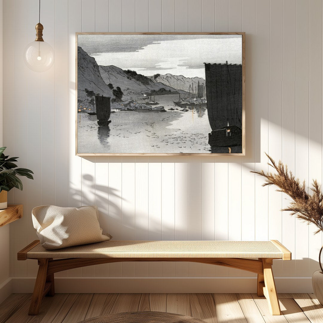This captivating artwork captures the tranquil beauty of a calm seascape under a muted sky, for Hallway
