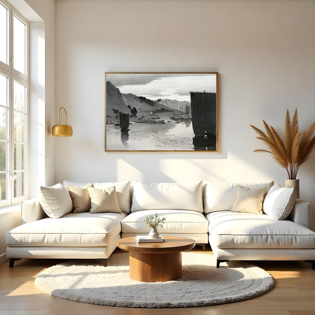 This captivating artwork captures the tranquil beauty of a calm seascape under a muted sky, for Living Room