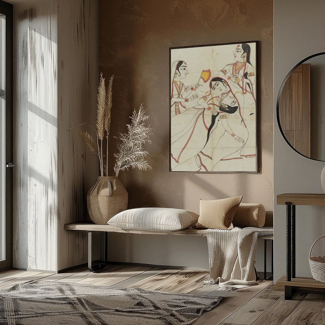This captivating artwork elegantly captures a traditional cultural scene, emphasizing grace and for area