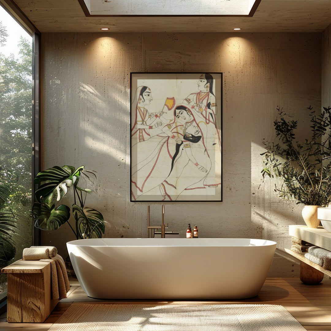 This captivating artwork elegantly captures a traditional cultural scene, emphasizing grace and for Bathroom