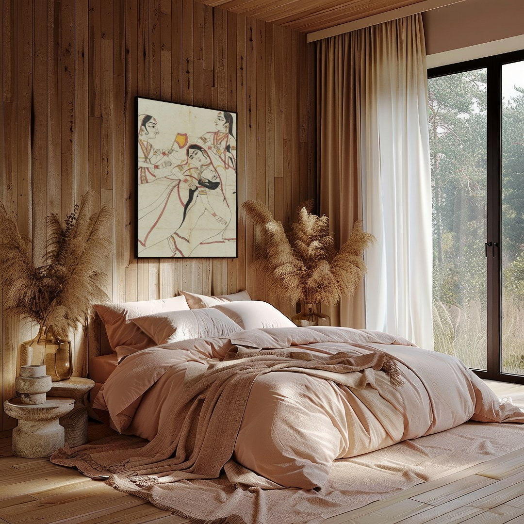 This captivating artwork elegantly captures a traditional cultural scene, emphasizing grace and for Bedroom